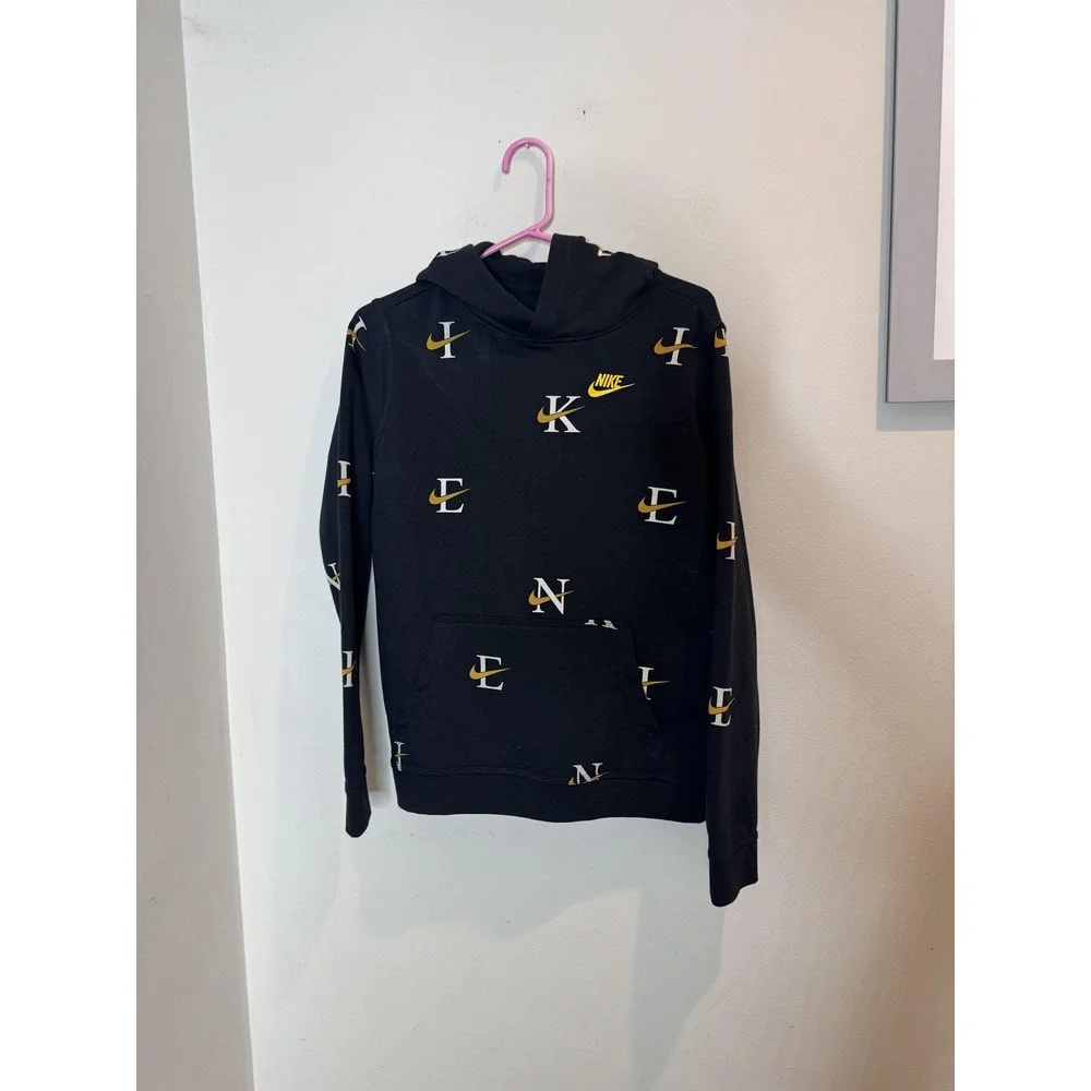 Nike Hoodie Youth XL‎ Black All Over Logo Swoosh Fleece Pullover Sweatshirt